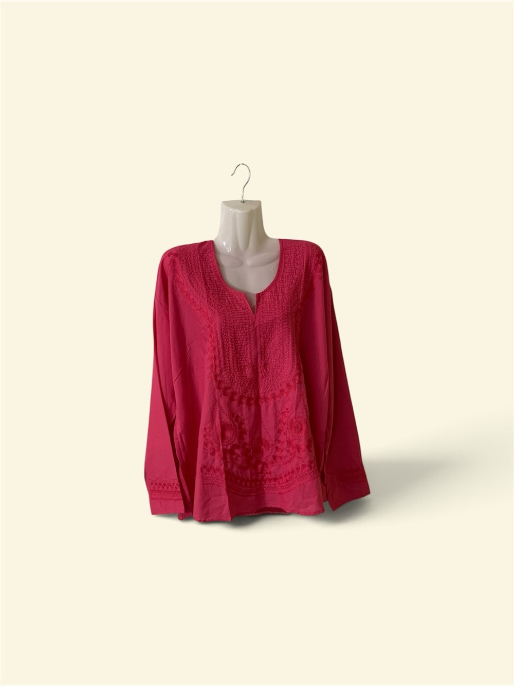 Women's Embroidered Split-Neck Blouse - Fuchsia